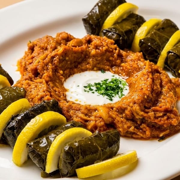 Grape leaves with lemon slices surround a mound of red lentil kofte topped with yogurt and parsley.