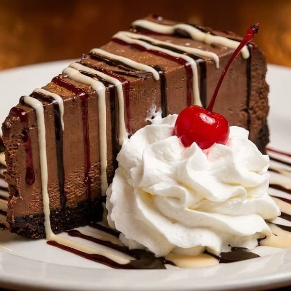 Slice of chocolate cheesecake with white and dark chocolate drizzle, whipped cream, and a cherry.