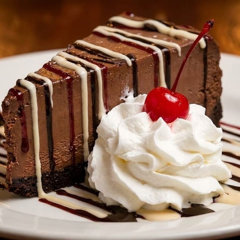 Slice of chocolate cheesecake with white and dark chocolate drizzle, whipped cream, and a cherry.