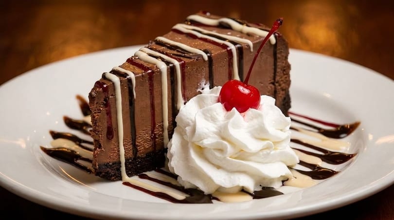 Slice of chocolate cheesecake with white and dark chocolate drizzle, whipped cream, and a cherry.