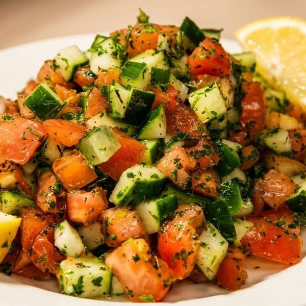 Diced tomato and cucumber salad with herbs and two lemon wedges on a white plate.