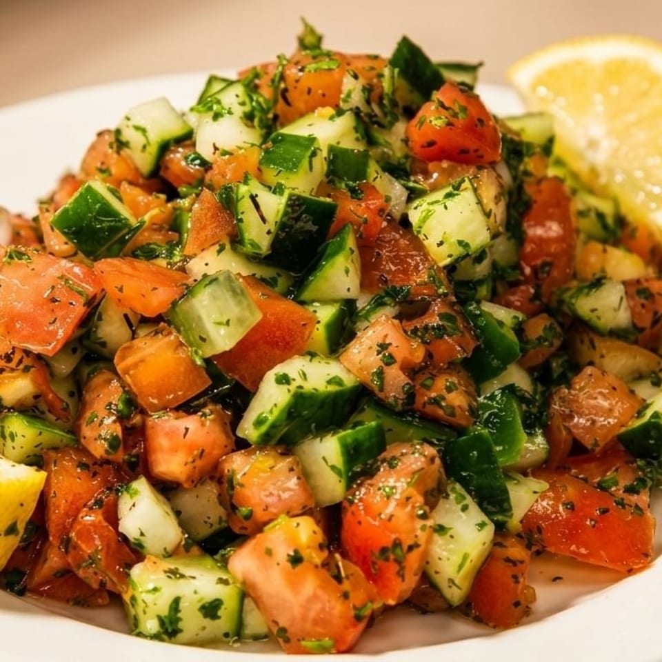 Diced tomato and cucumber salad with herbs and two lemon wedges on a white plate.