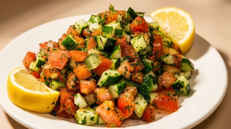Diced tomato and cucumber salad with herbs and two lemon wedges on a white plate.