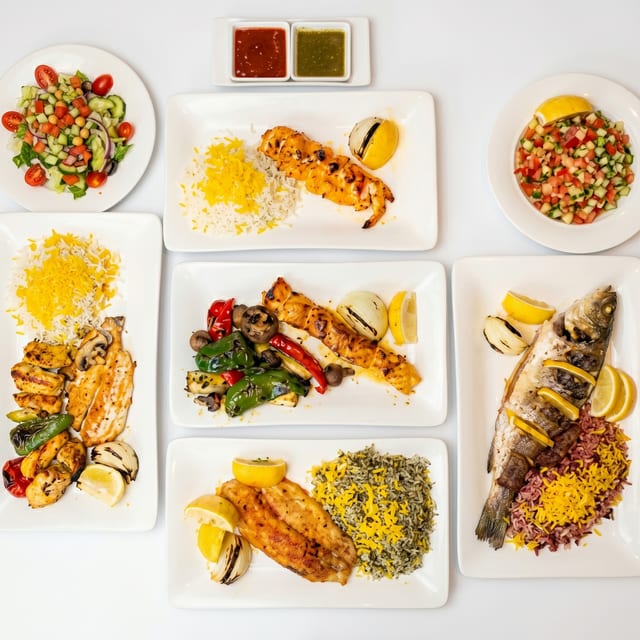 Seafood Combination Platter (Salmon Shish Kebab).